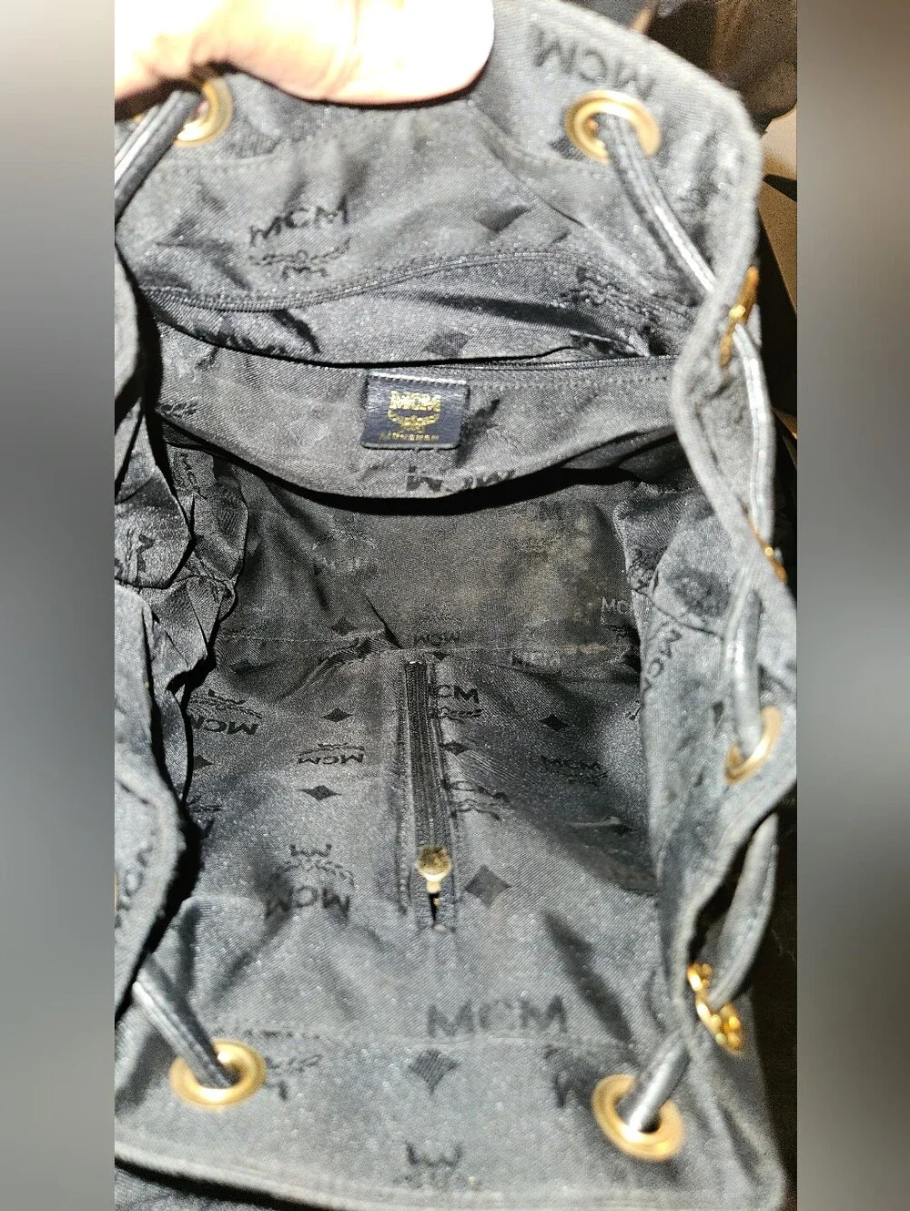 MCM Black Logo Drawstring Backpack with Gold Plaque